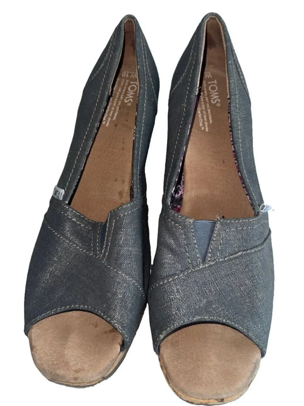 TOMS Calypso Canvas Peep Toe Wedge Espadrille Shoes Women's 10 Metallic Gray